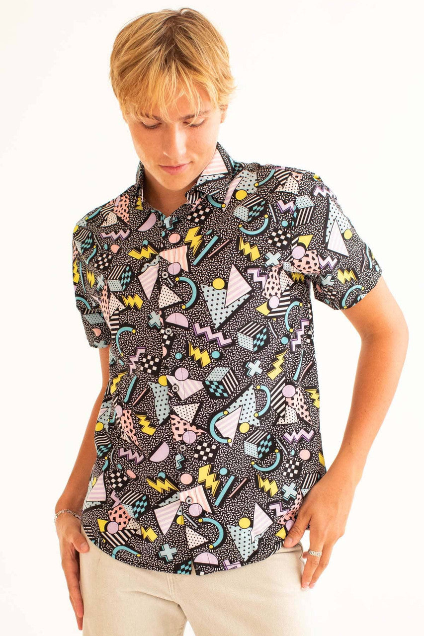 Pastel 3D Shapes on Static Button Up Shirt