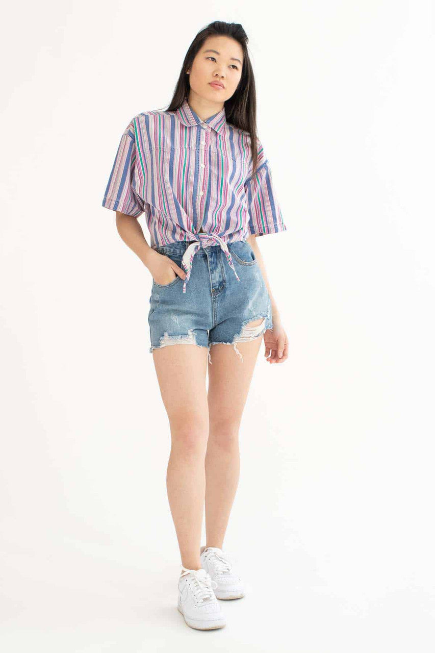 Pastel Striped Tie Waist Vintage Blouse