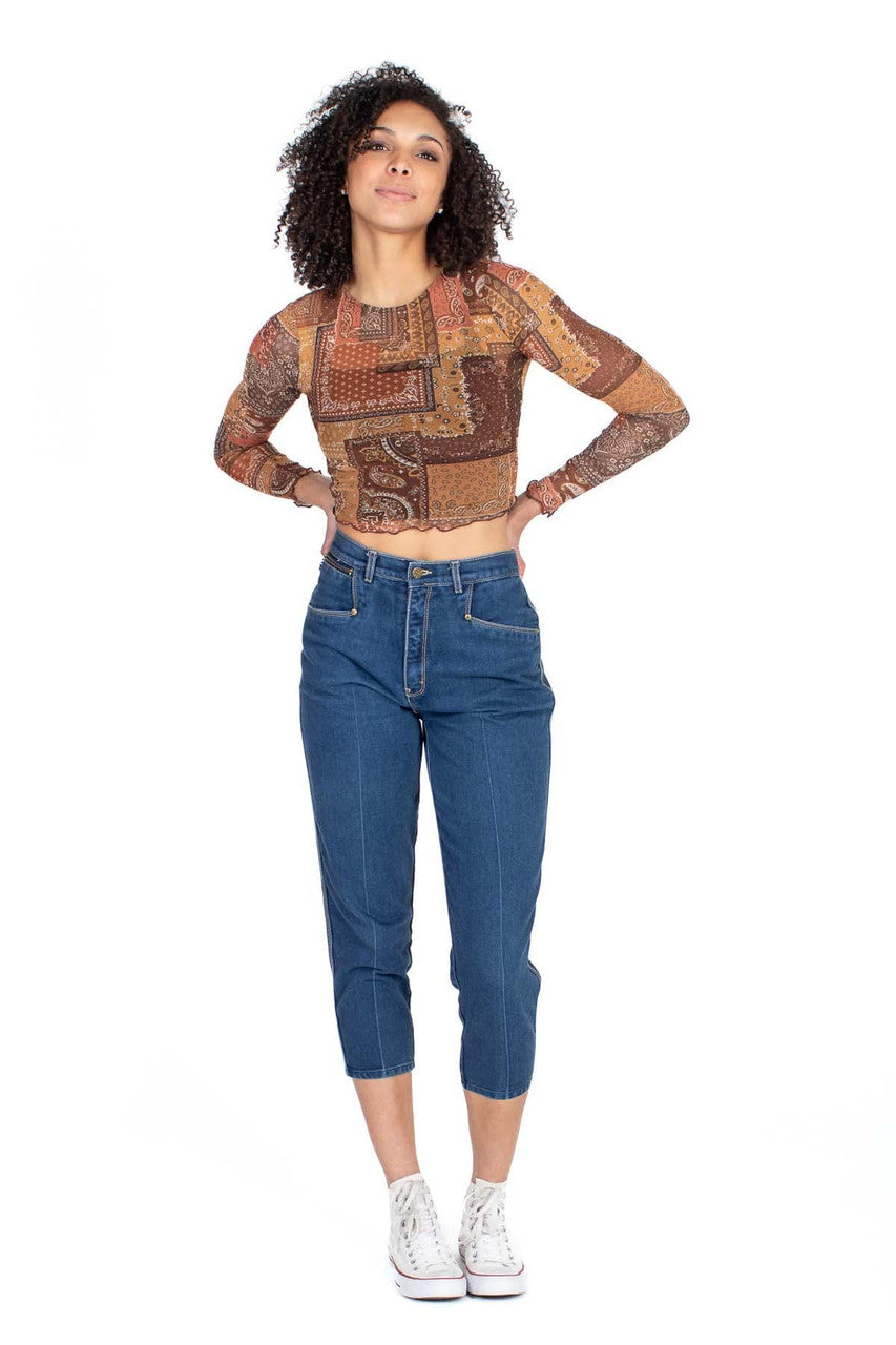Patchwork Mesh Long Sleeve Crop Top