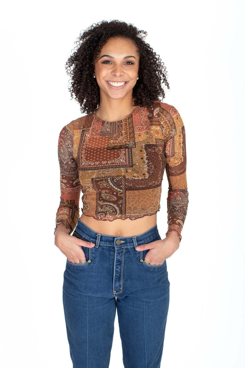 Patchwork Mesh Long Sleeve Crop Top