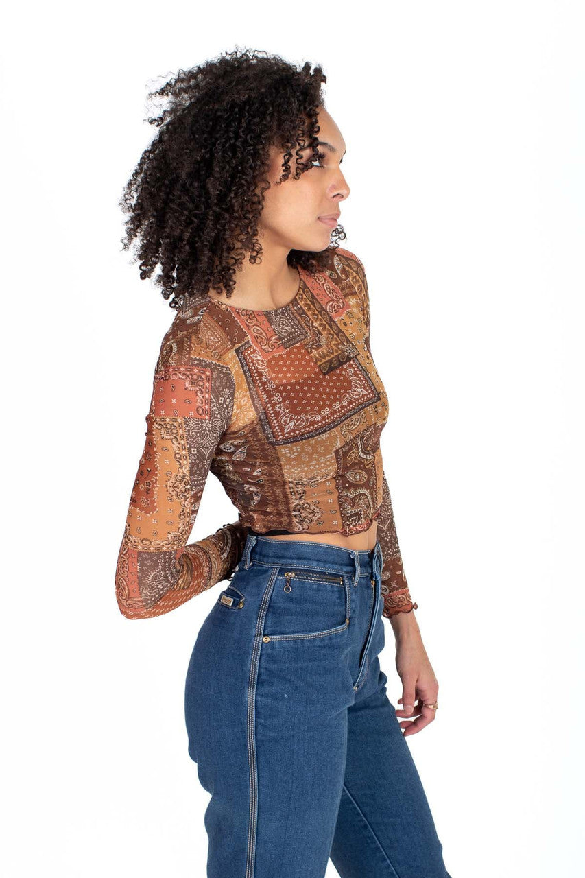 Patchwork Mesh Long Sleeve Crop Top