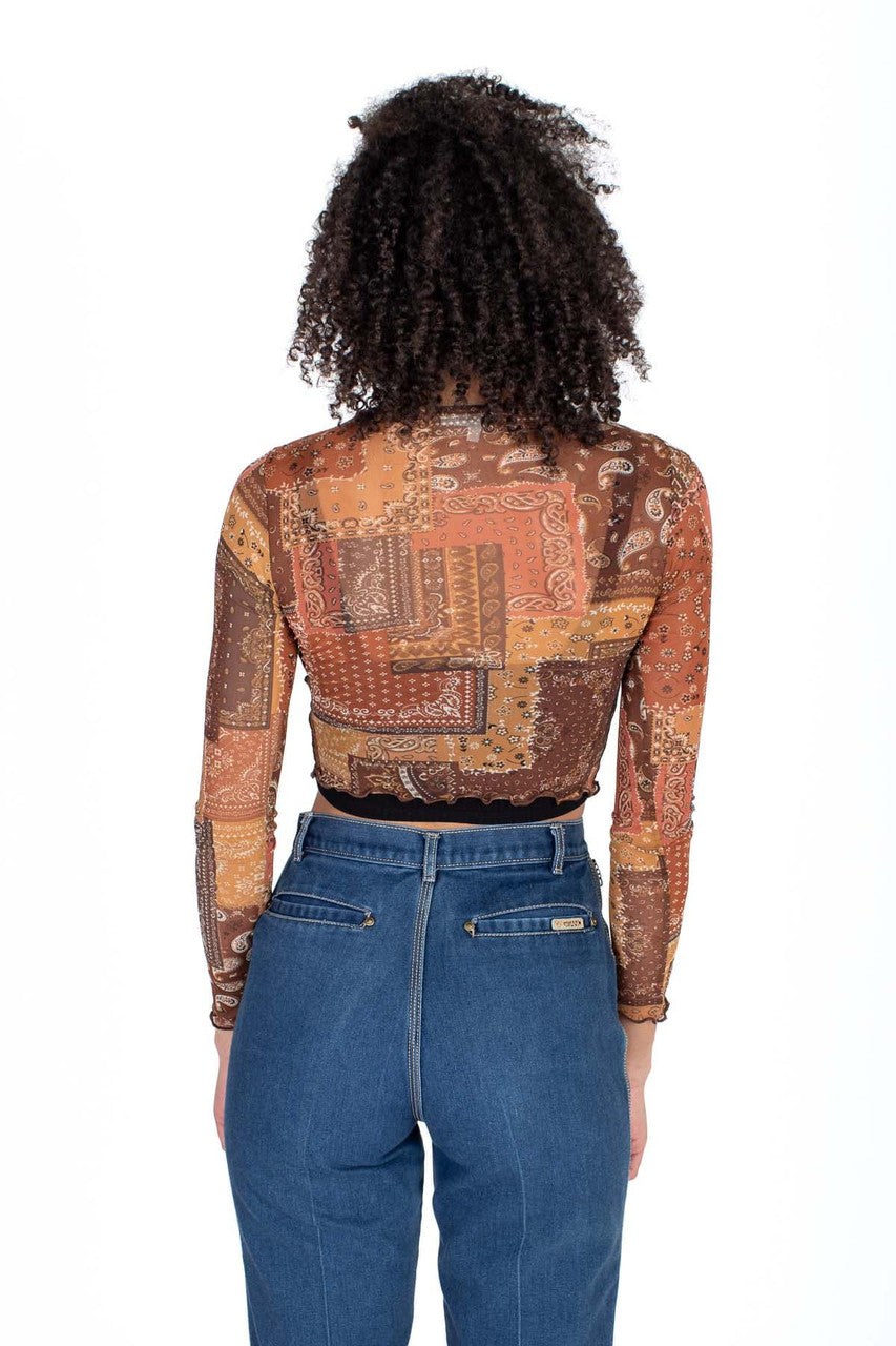 Patchwork Mesh Long Sleeve Crop Top