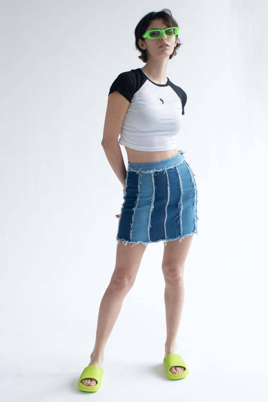 Patchwork Stripes Denim Skirt