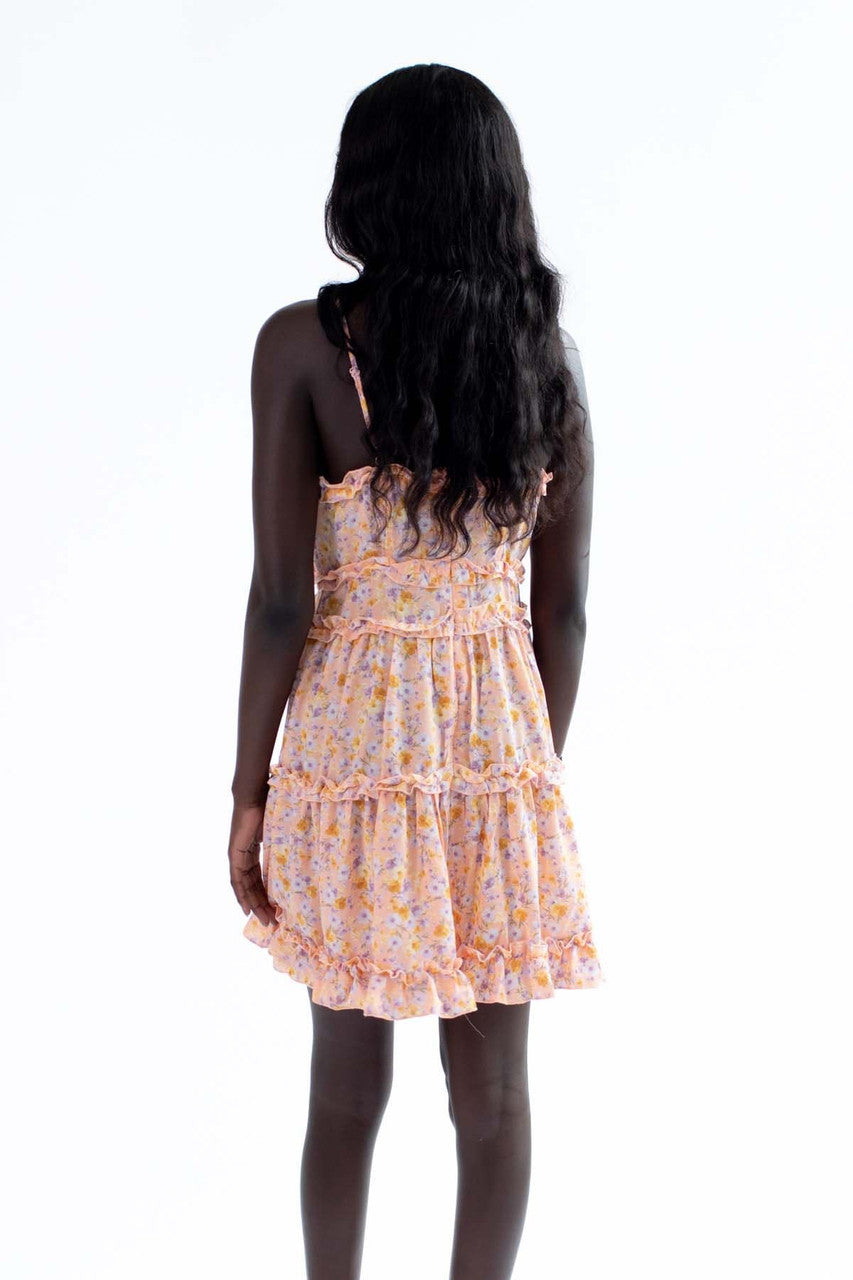 Peach Bold Floral Ruffle Mini Dress