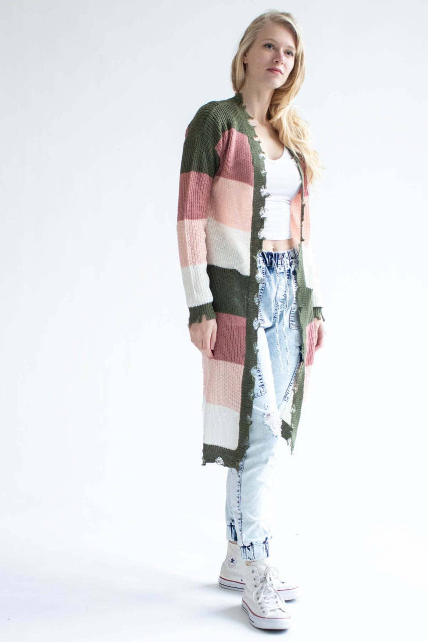 Peach & Olive Striped Destructed Long Cardigan