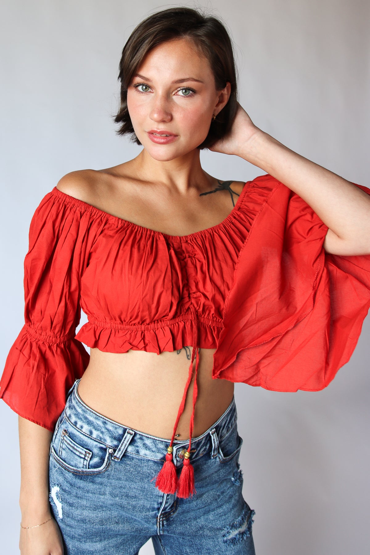 Ruched Cropped Peasant Top