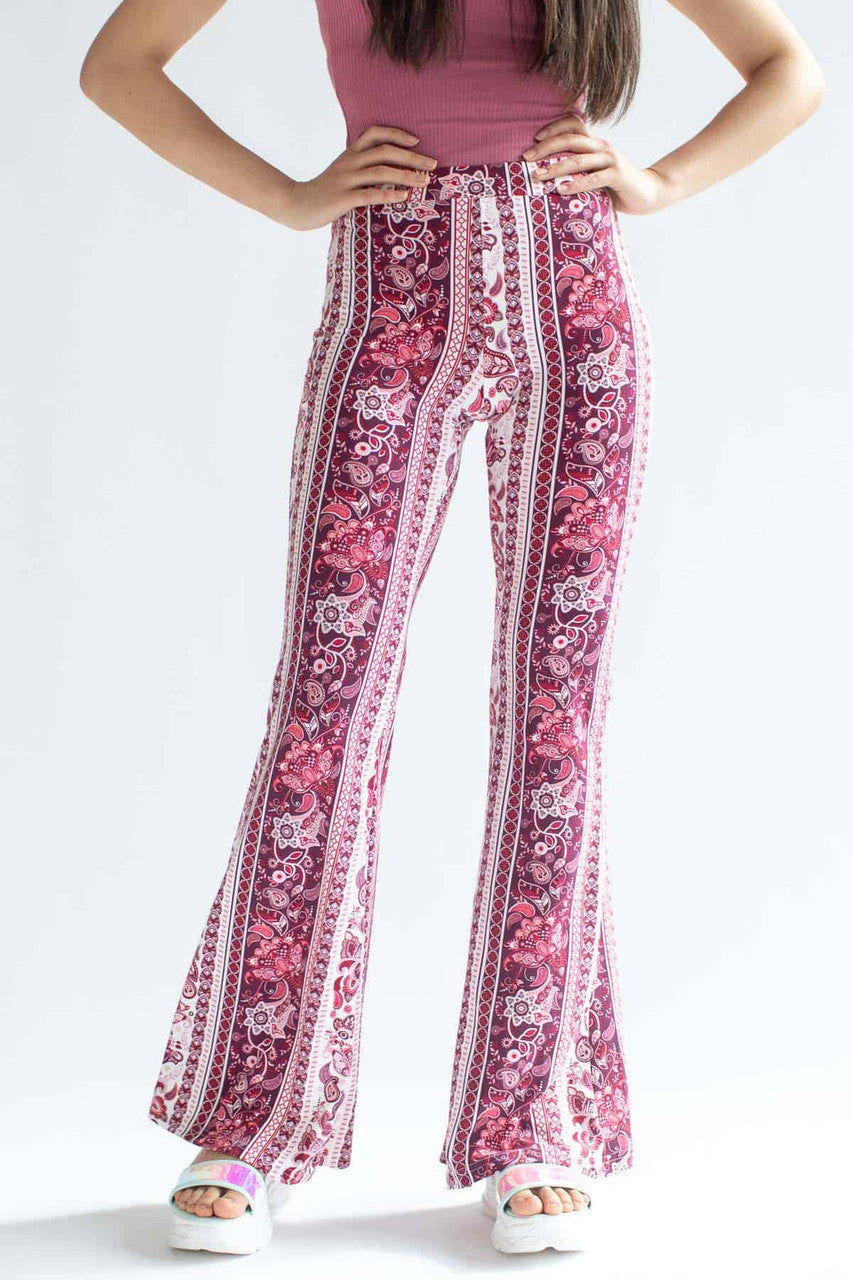 Pink & Burgundy Bohemian Floral Bell Bottoms