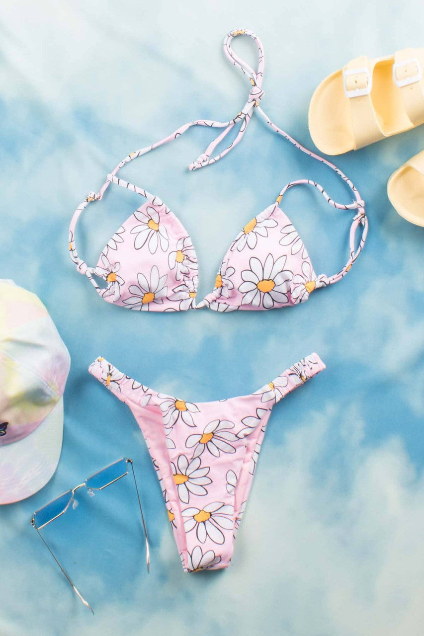 Pink Daisy String Bikini Top