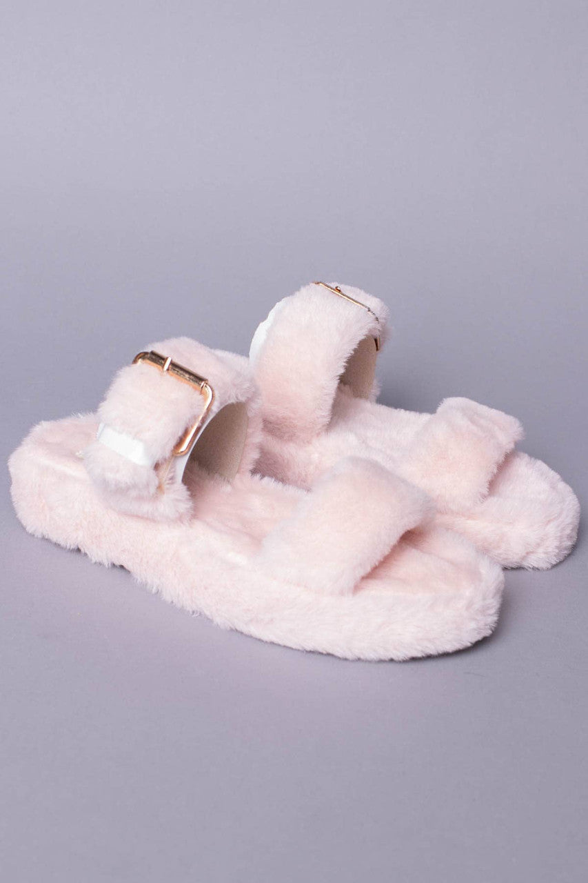 Pink Fuzzy Buckle Strap Sandals