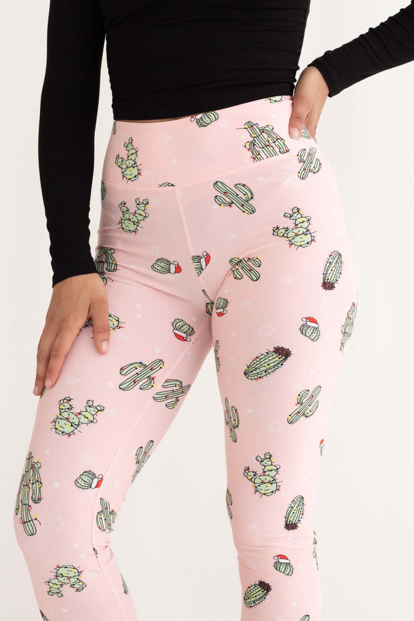 Pink Holiday Cactus High Waisted Leggings