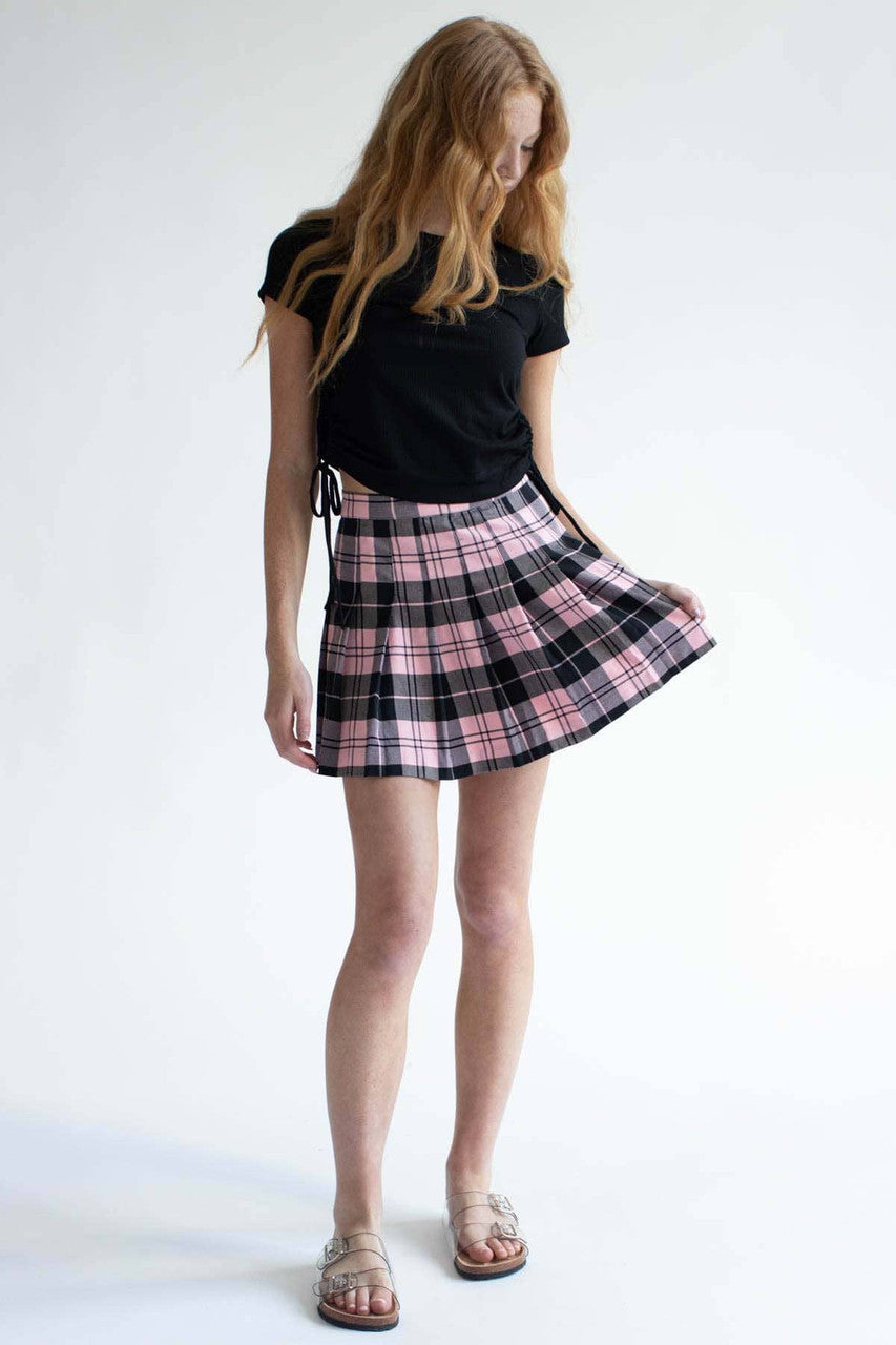 Pink Plaid Pleated Skirt