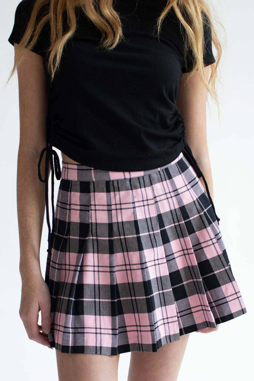 Pink Plaid Pleated Skirt