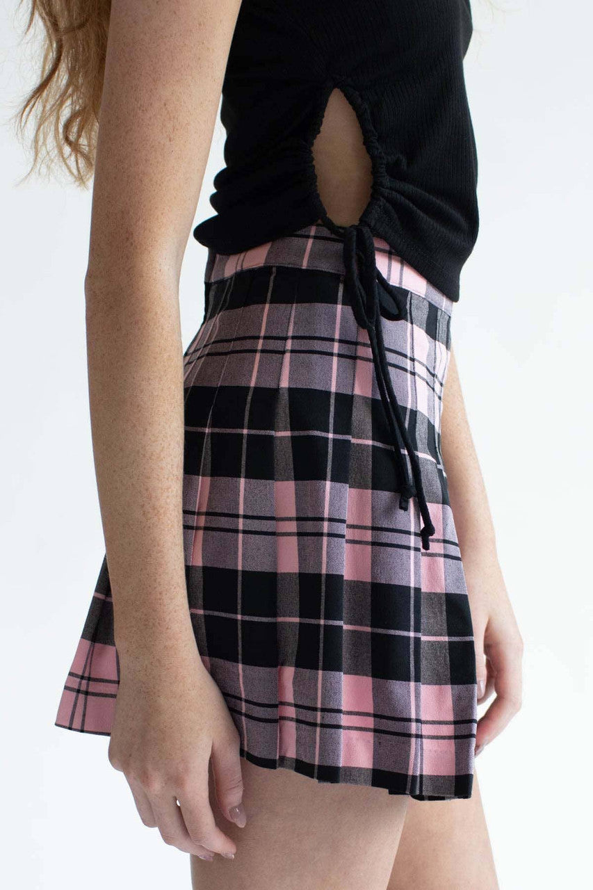 Pink Plaid Pleated Skirt