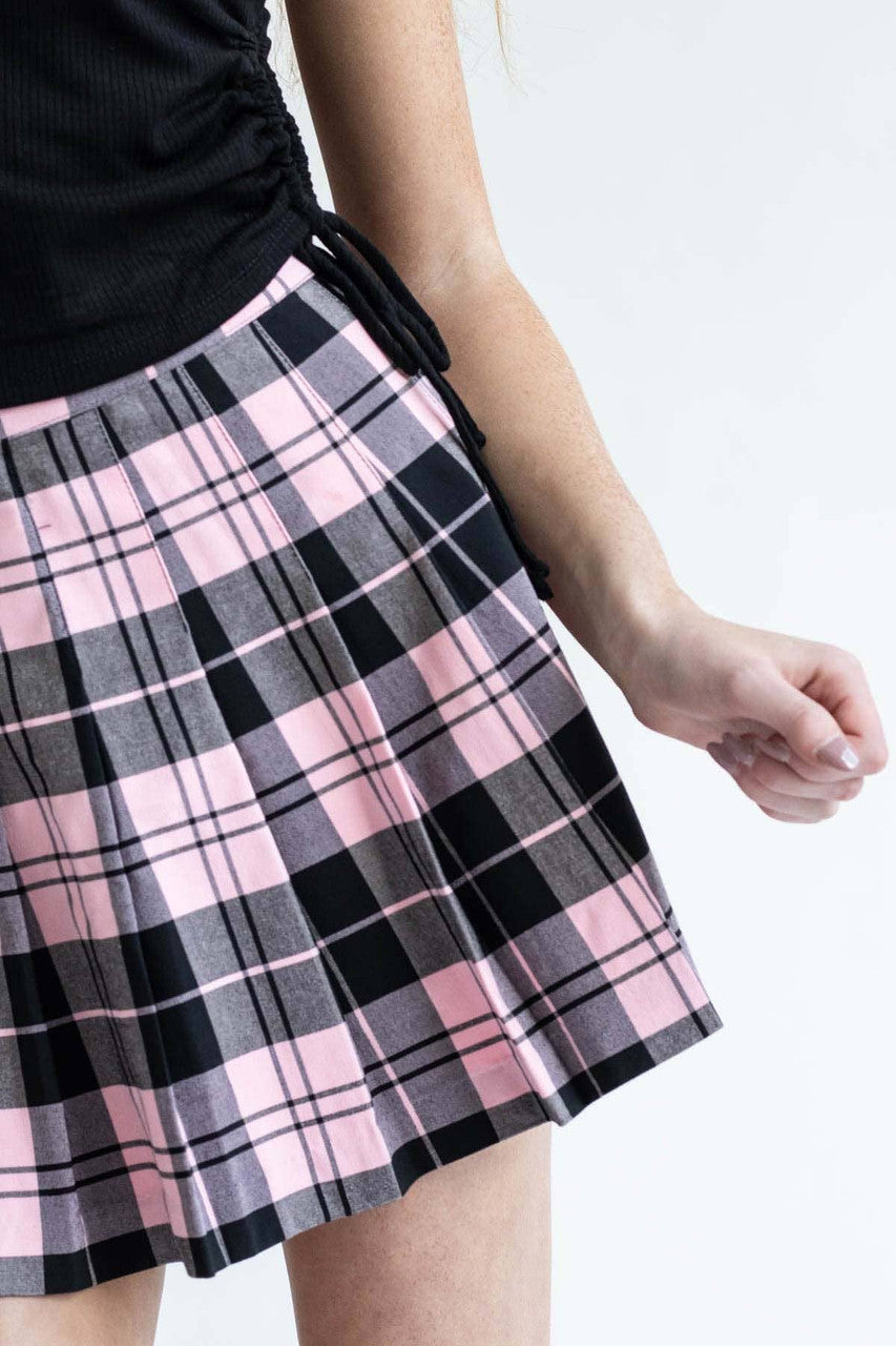 Pink Plaid Pleated Skirt