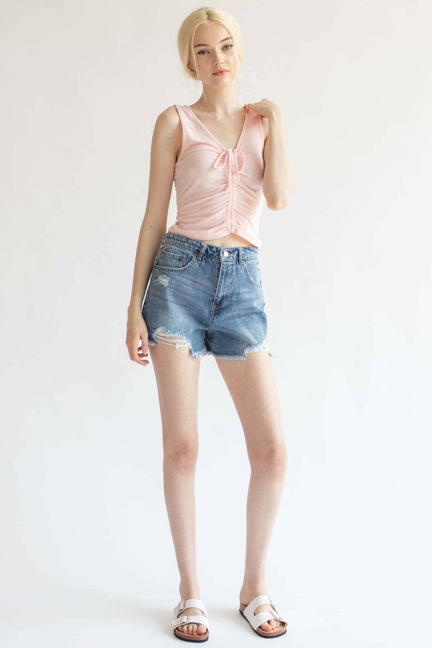 Pink Ruched Tie V Neck Tank