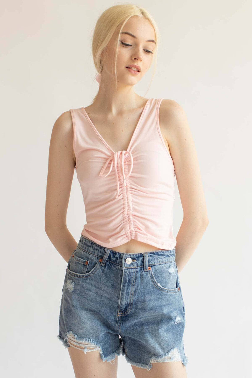 Pink Ruched Tie V Neck Tank
