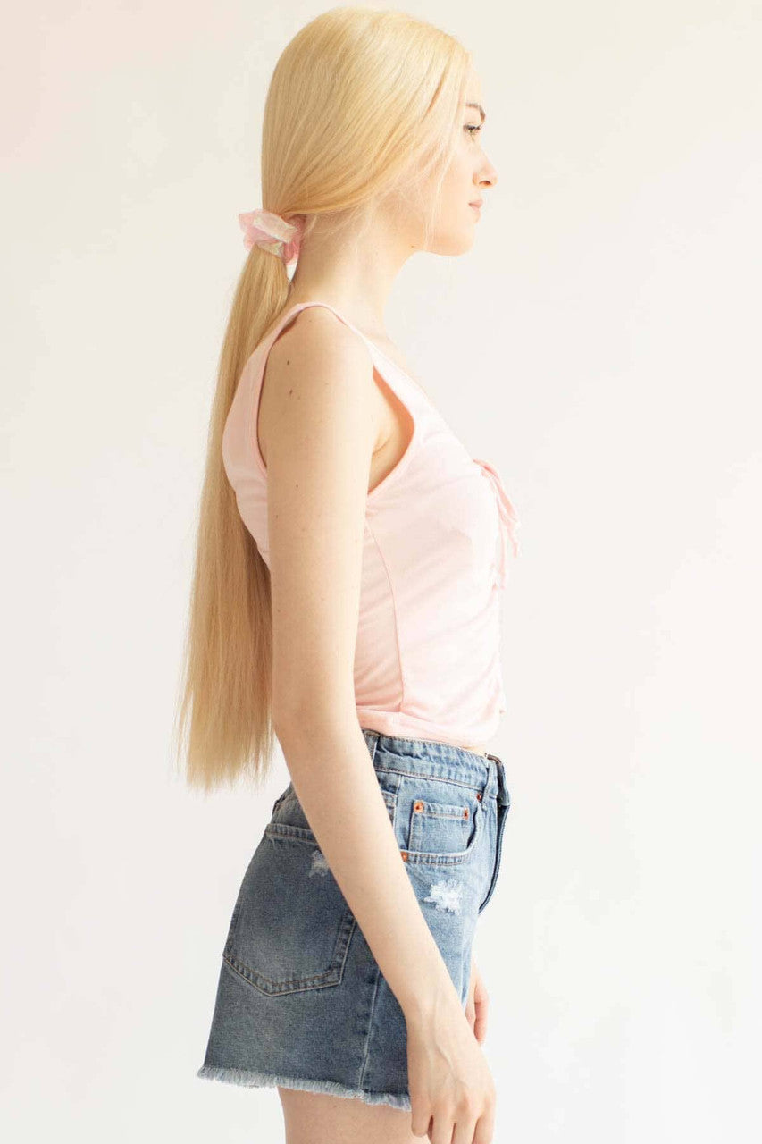 Pink Ruched Tie V Neck Tank