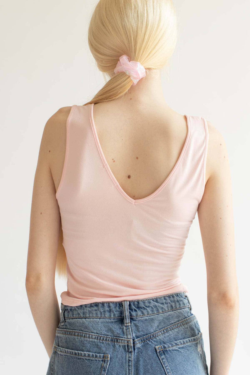 Pink Ruched Tie V Neck Tank