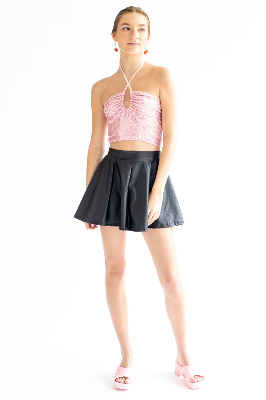 Pink Sequin Ruched Neck Halter Top