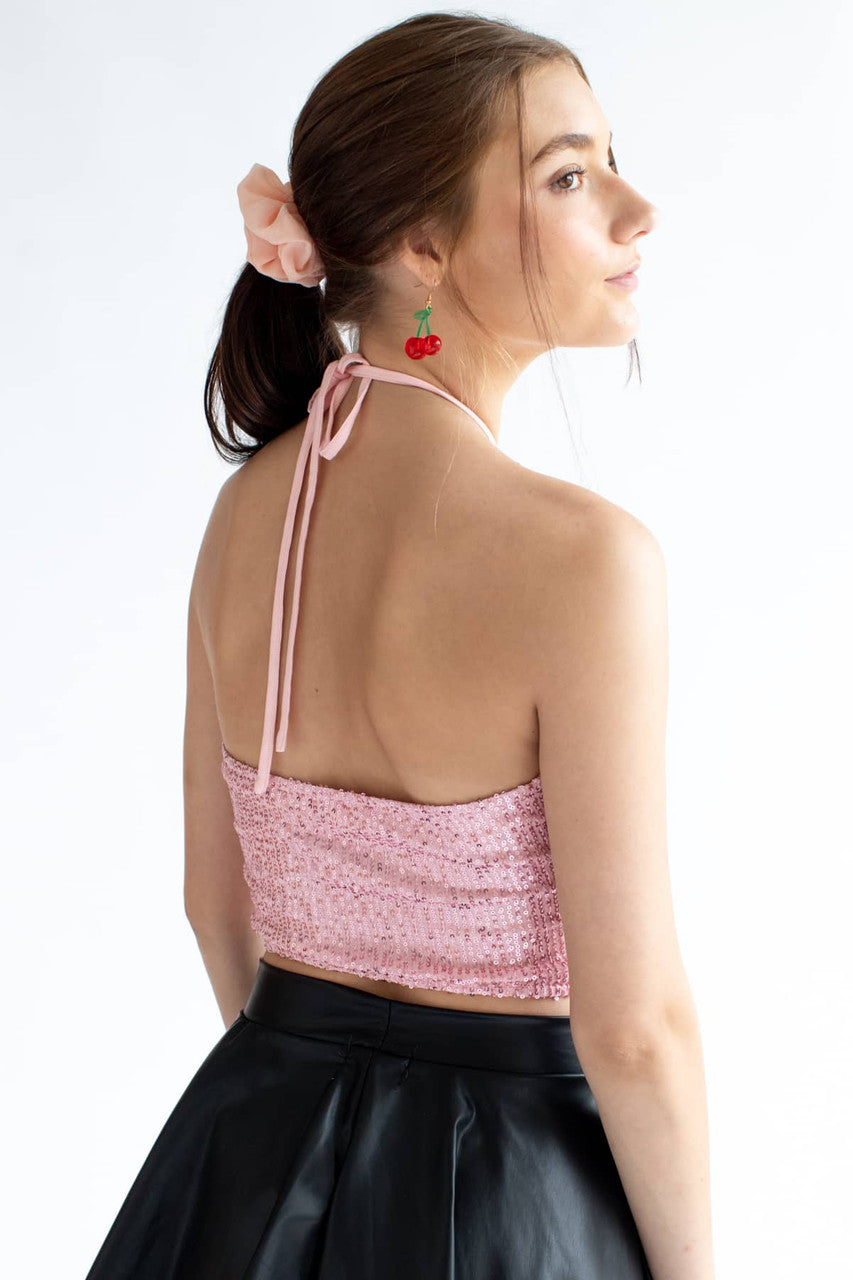 Pink Sequin Ruched Neck Halter Top