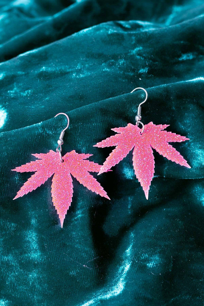 Clear Glitter Pot Leaf Earrings