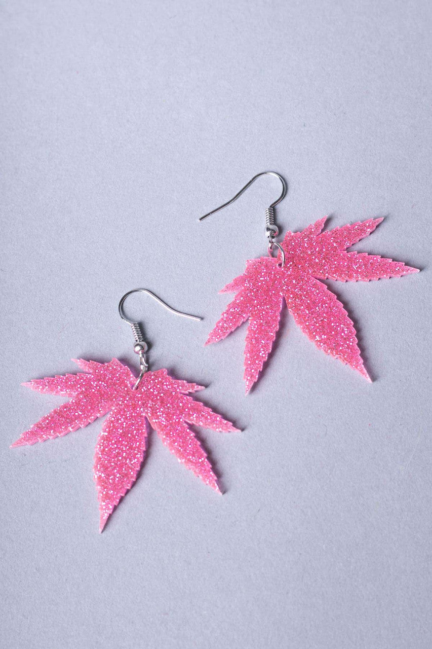Clear Glitter Pot Leaf Earrings
