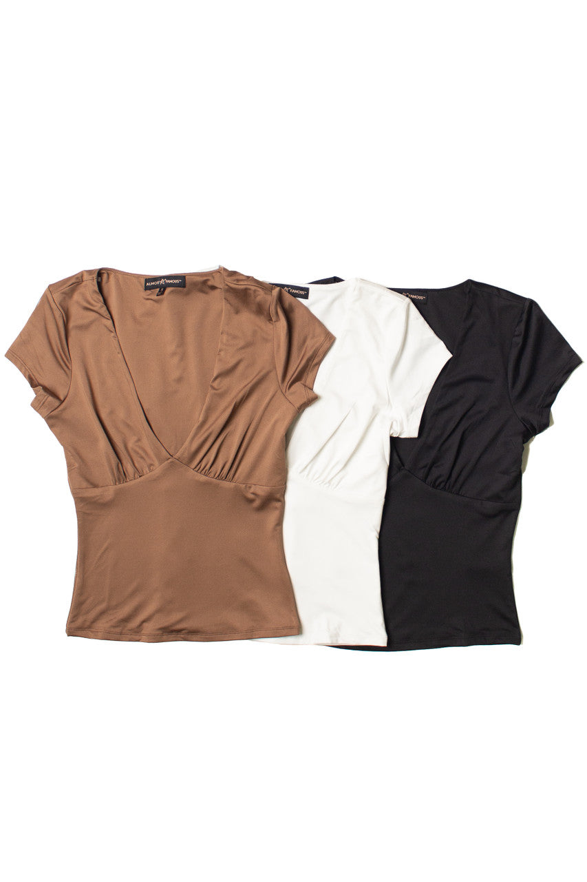 Brown Plunge V Neck Tee