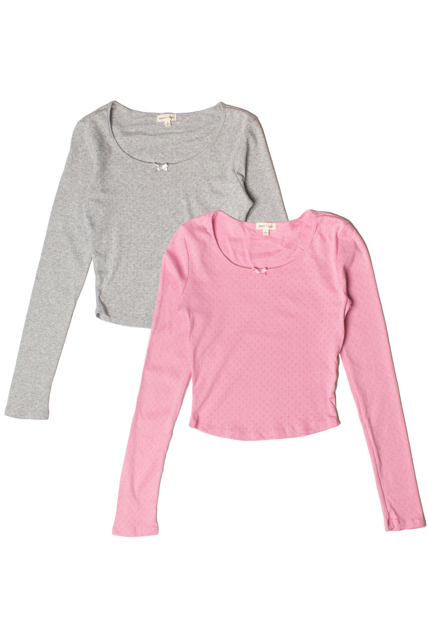 Long Sleeve Pointelle Bow Top