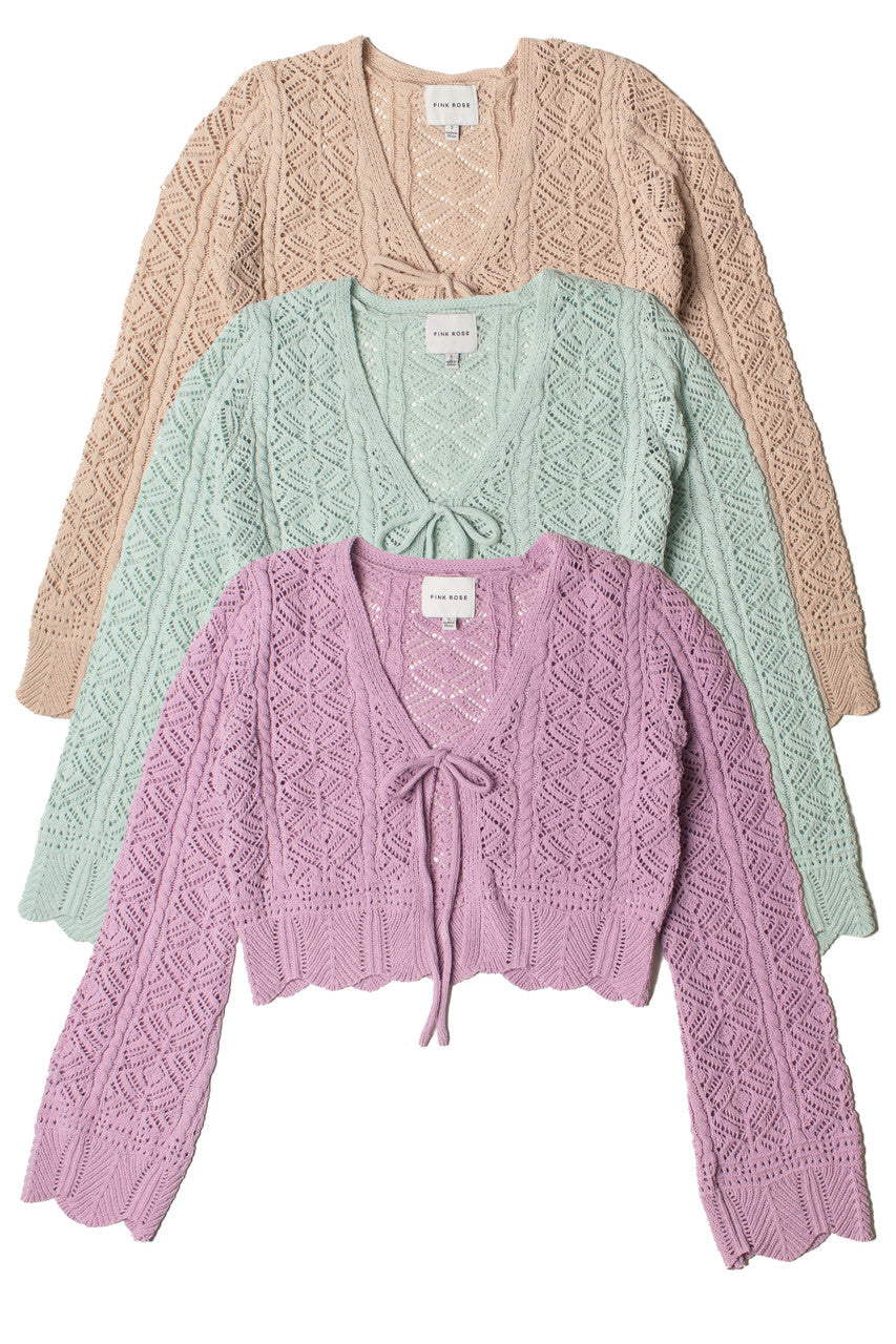 Chenille Pointelle Tie Front Cardigan