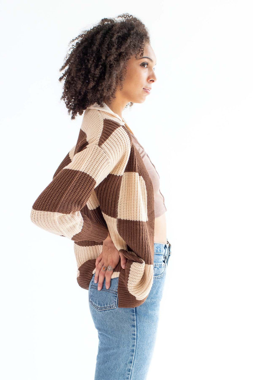 Brown and Beige Check Cardigan