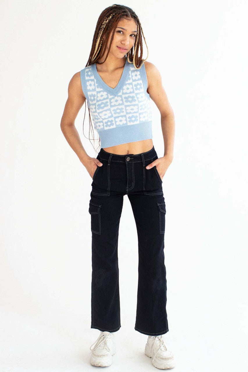 Powder Blue Floral Checkered Sweater Vest