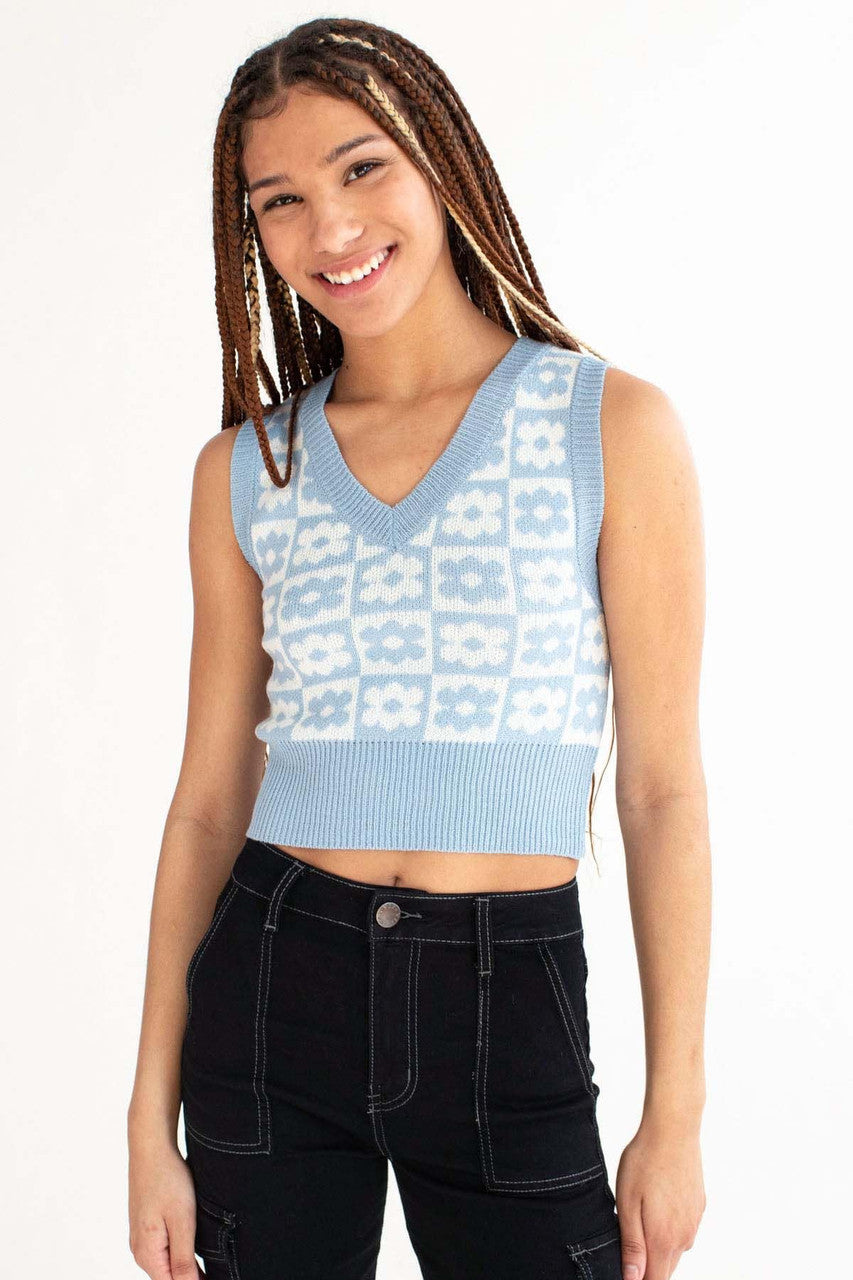 Powder Blue Floral Checkered Sweater Vest