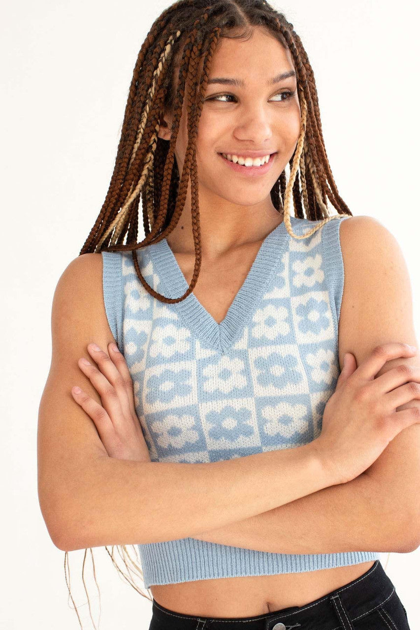 Powder Blue Floral Checkered Sweater Vest