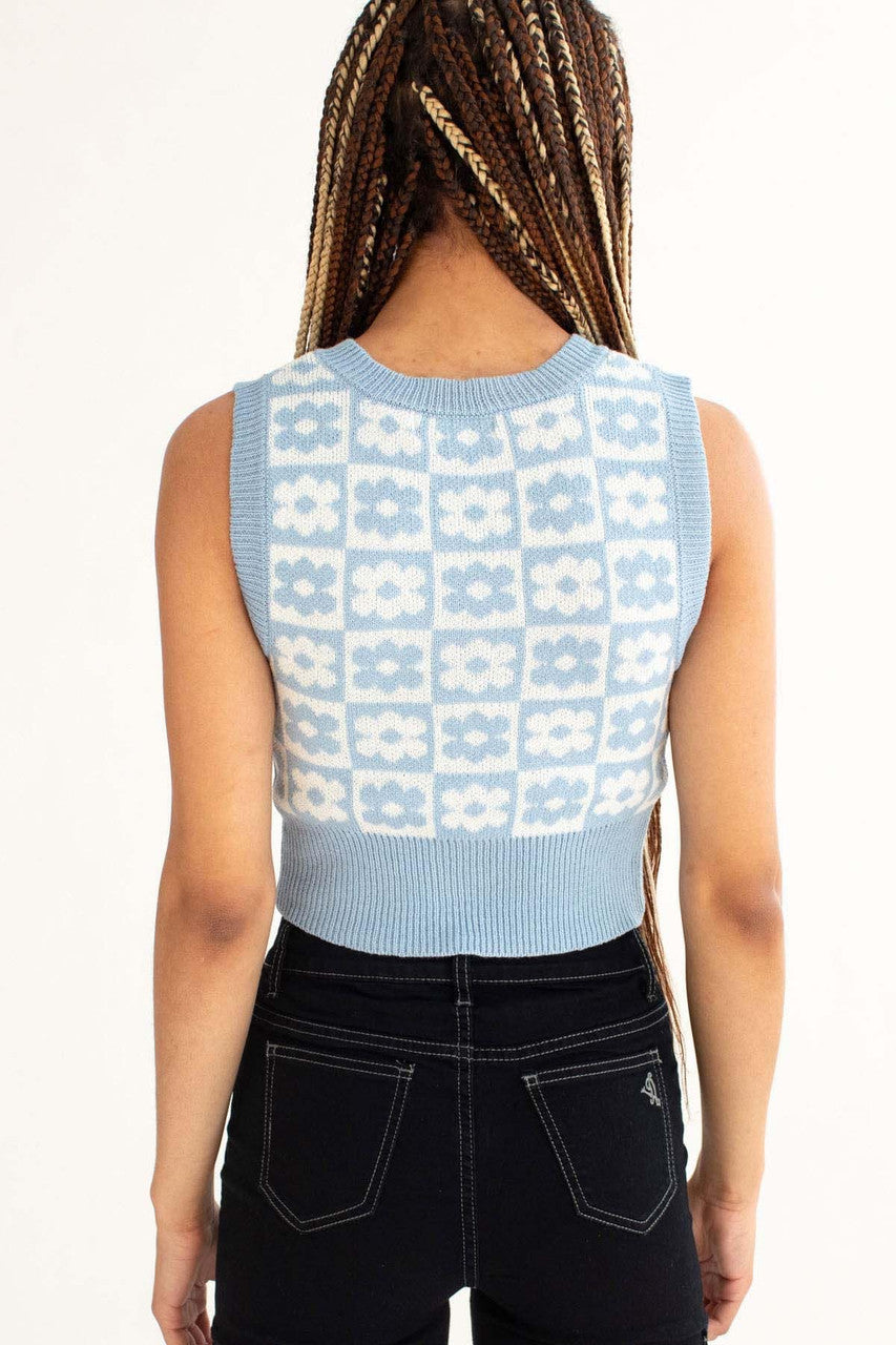 Powder Blue Floral Checkered Sweater Vest