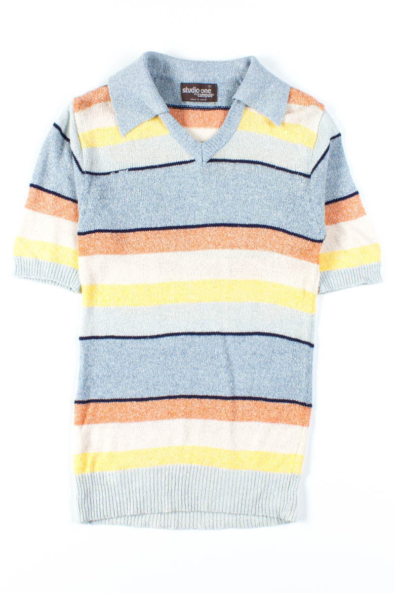 Pastel Striped Collared Short Sleeve Sweater
