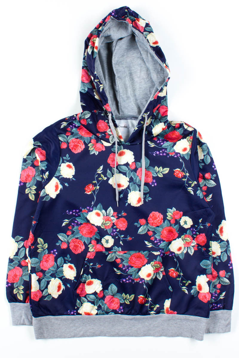 Navy Floral Polyester Hoodie