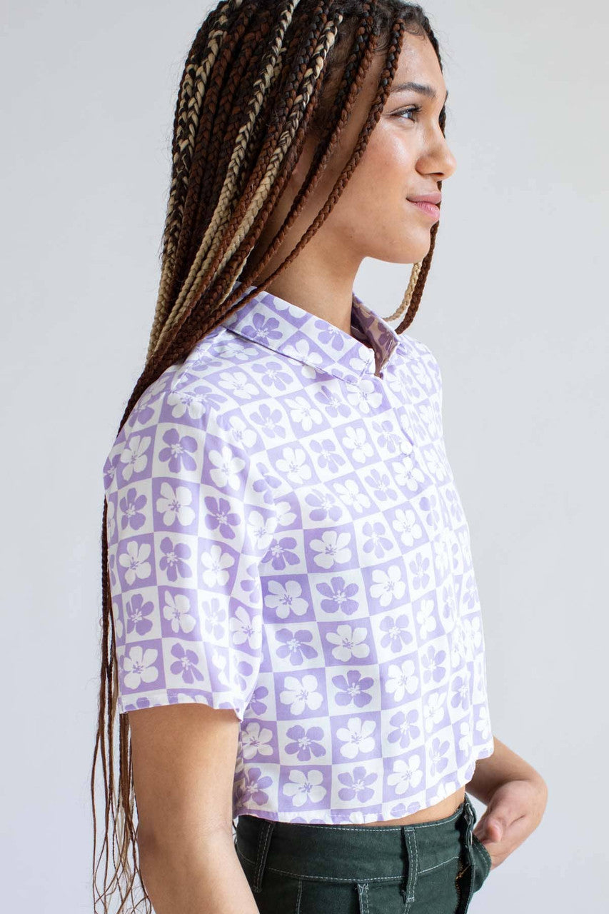 Purple Floral Checker Cropped Button Up Shirt
