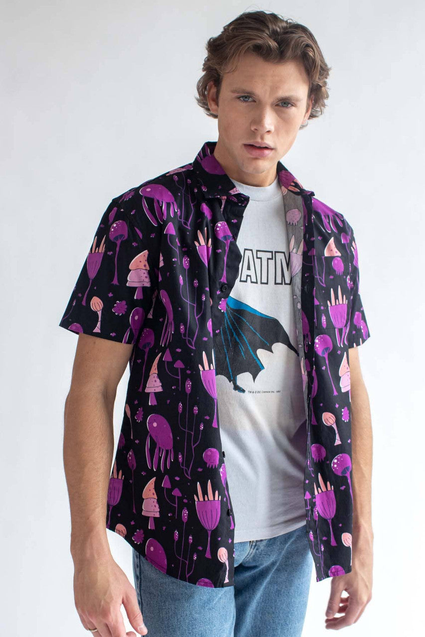 Purple Mushroom Land Woven Button Up Shirt