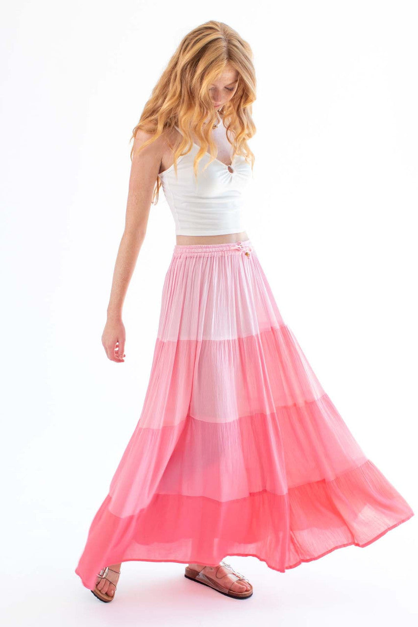 Rayon Gauze Solid Tiered Maxi Skirt