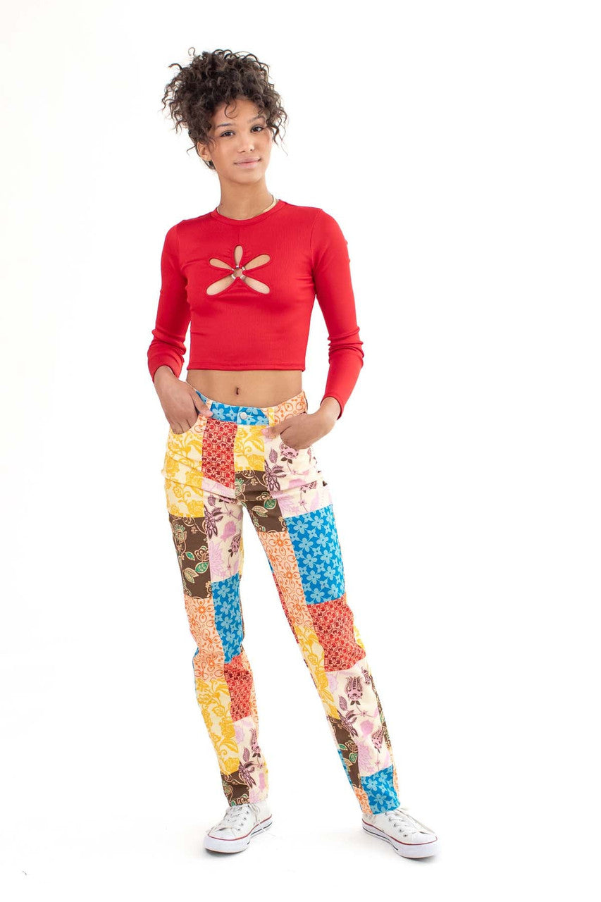 Red Floral Cut Out Long Sleeve Cop Top