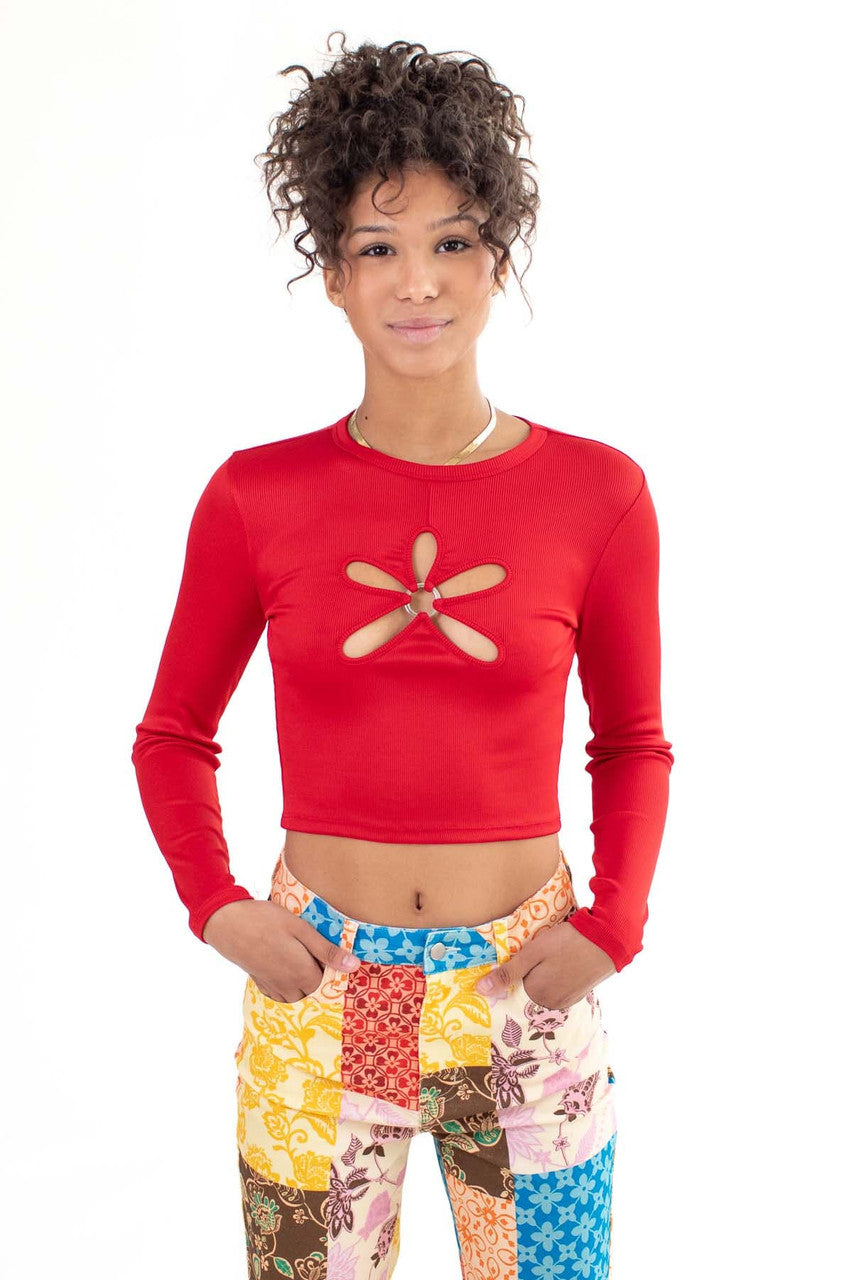 Red Floral Cut Out Long Sleeve Cop Top
