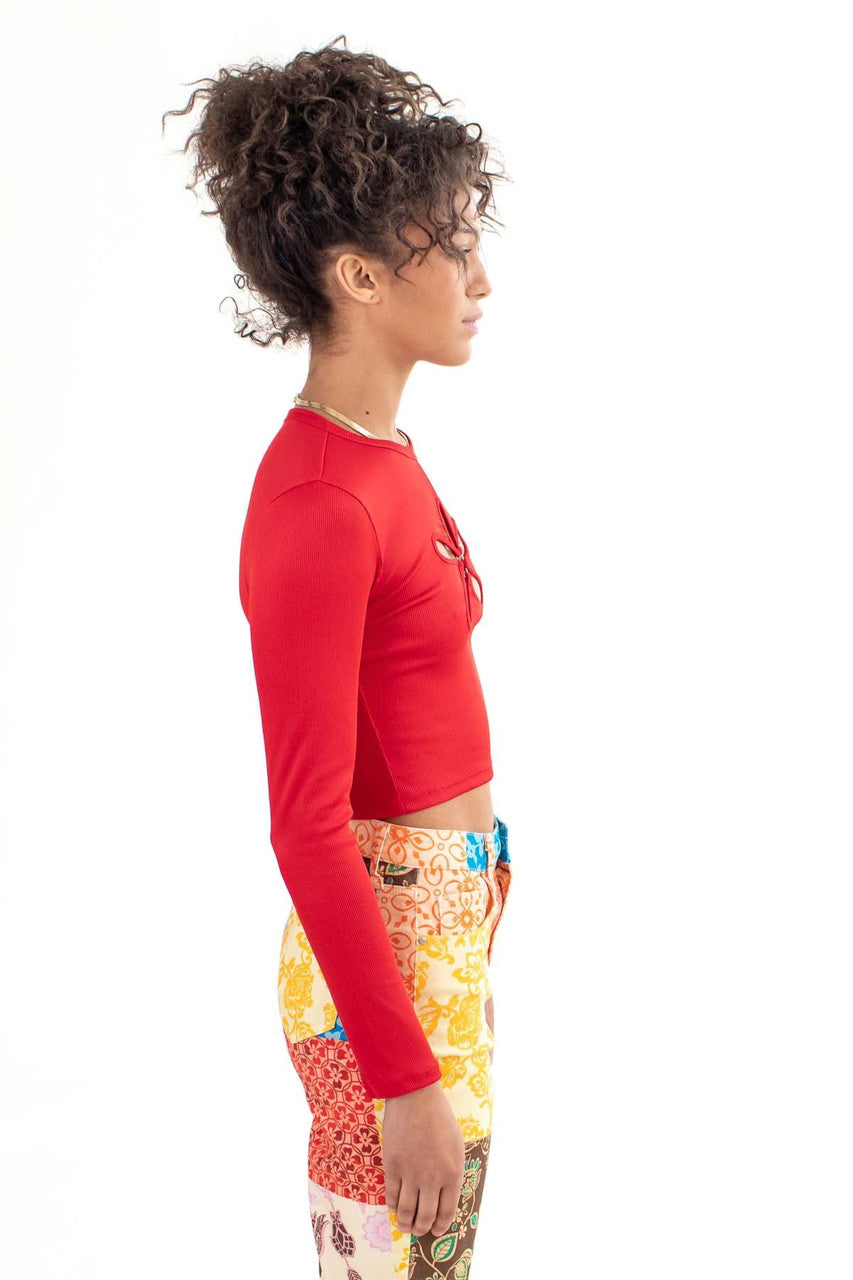 Red Floral Cut Out Long Sleeve Cop Top