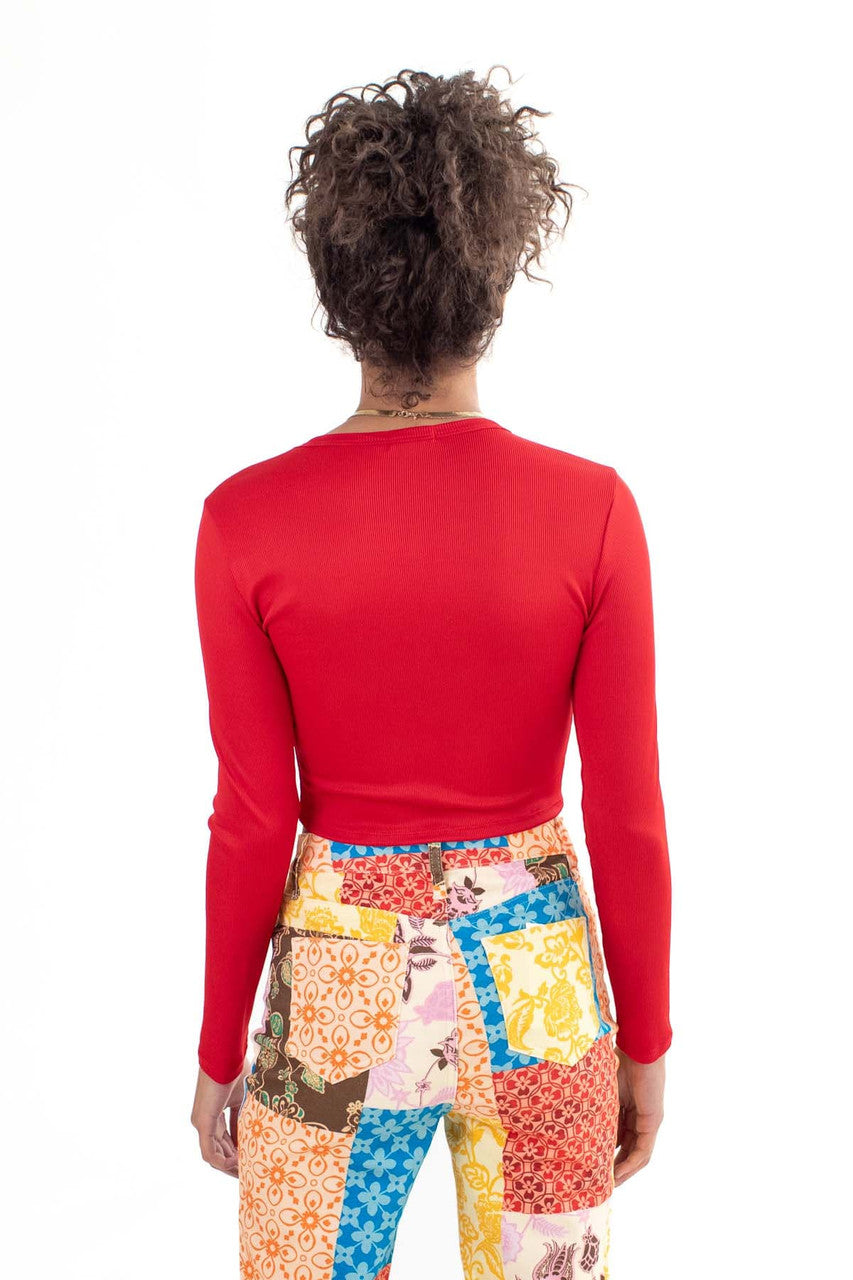 Red Floral Cut Out Long Sleeve Cop Top