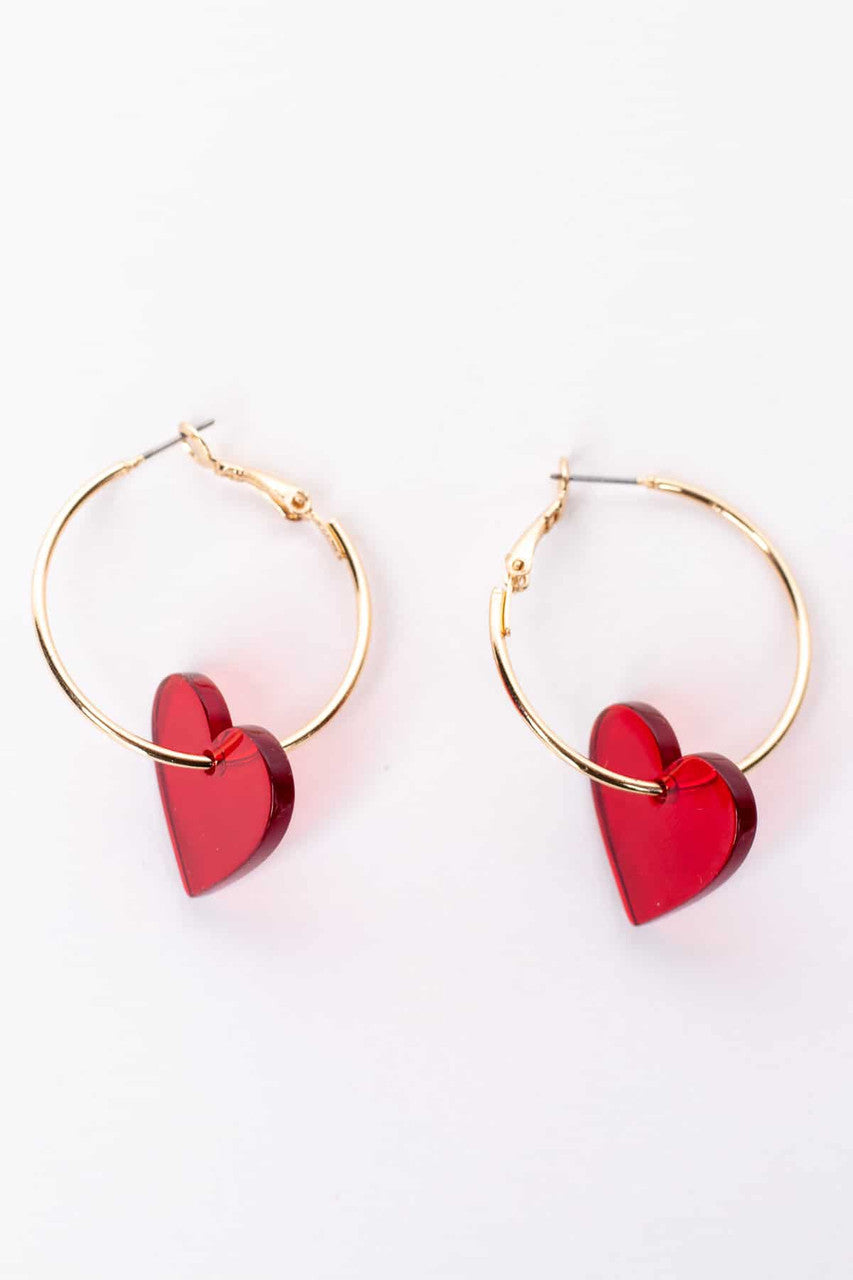 Red Lucite Heart Charm Hoop Earrings