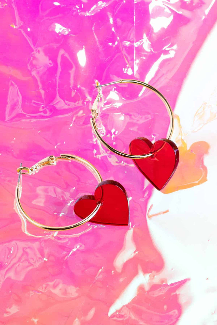 Red Lucite Heart Charm Hoop Earrings