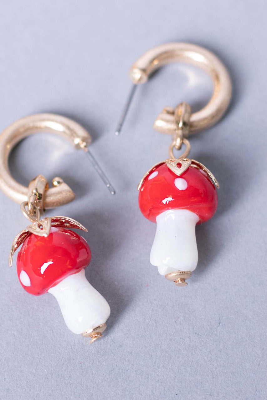 Red Mushroom Drop Hoop Earrings