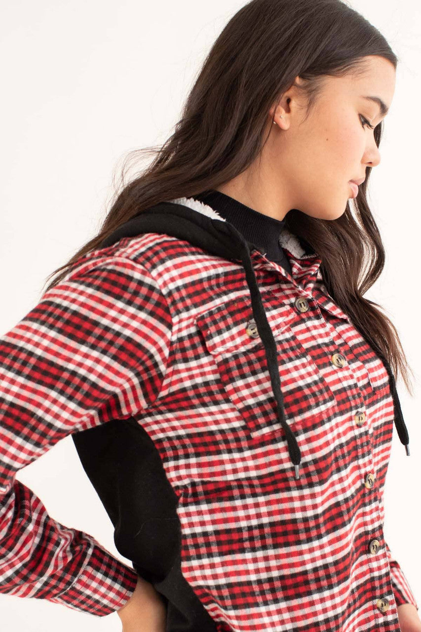 Red Sherpa Hooded Flannel Shirt