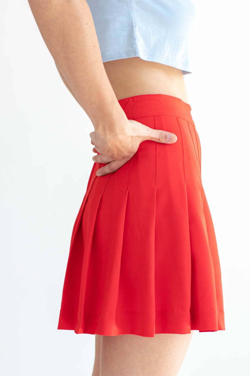 Red Stretch Pleated Skirt
