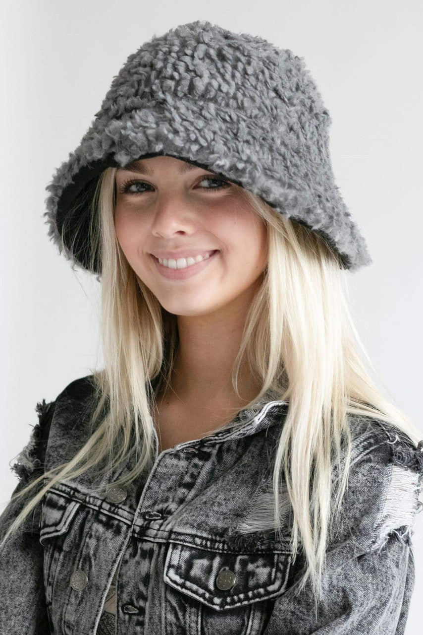 Reversible Grey Sherpa Bucket Hat
