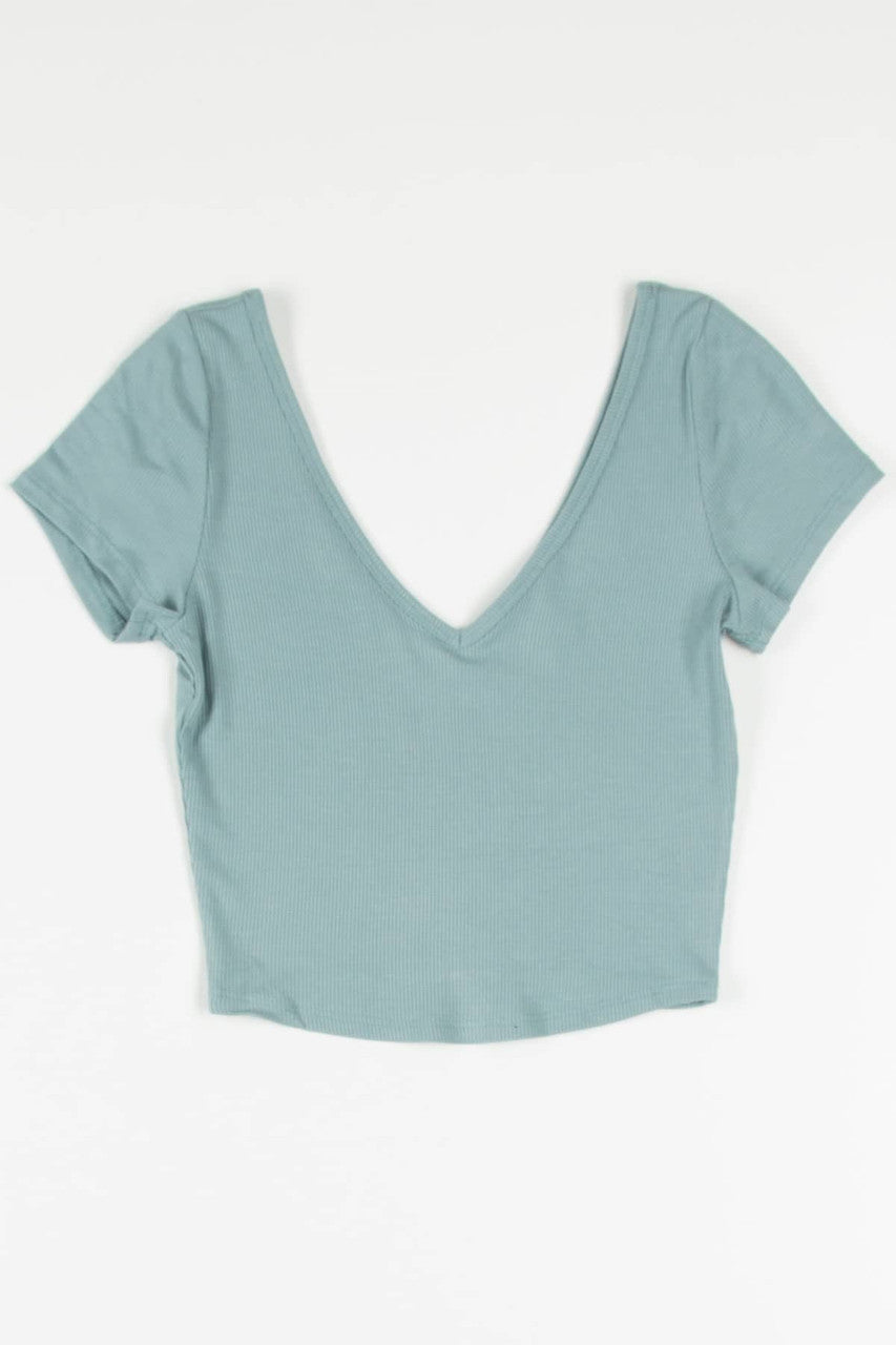 Sage Ribbed Double V Neck Tee